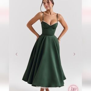NWOT HOUSE OF CB Mademoiselle Forest Green Satin Tulle Midi Dress XS 2 Bustier